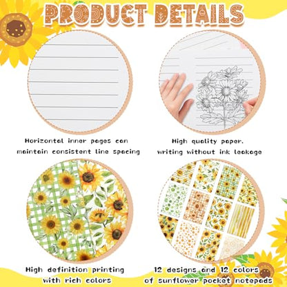 12 Pack Sunflower Small Pocket Notebook Journals,Yellow Flower Floral Memo Notepad Mini Notebook Hardcover Lined Note Pads for Home Office Stationery Supplies Party Favor Sunflower Flower Journal Planner Diary