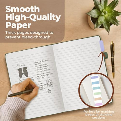 Classic Lined Journal Notebook 8.5x11" A4 Hardcover Leather - Green - 200 Pages College Ruled Large with Sticky Tabs, Pockets, and Pen Loop for Writing and Journaling - Big Hardback Men and Women - color: Green, size: A4 200 Pages