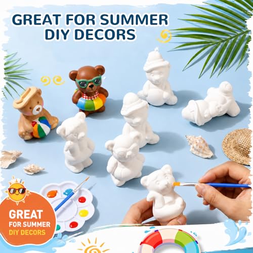Soulchen 17 Pcs Paint Your Own Summer Beach Bear Ceramic Paint Craft Set Include 12 Unpainted Ceramic Bears 2 Strips of Paints with 2 Brushes 1 Palette Toys Gift for Birthday - style: Summer Bear