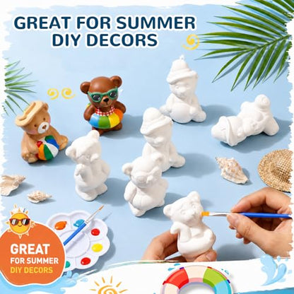 Soulchen 17 Pcs Paint Your Own Summer Beach Bear Ceramic Paint Craft Set Include 12 Unpainted Ceramic Bears 2 Strips of Paints with 2 Brushes 1 Palette Toys Gift for Birthday - style: Summer Bear
