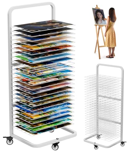 mocomax Art Drying Rack for Painting, Metal Paint Drying Stand with 25 Removable Shelves, Movable Paint Drying Rack with Lockable Wheels, Art Canvas Storage Rack for Classrooms & Art Studios, White - color: White, size: 25 Shelf without Board