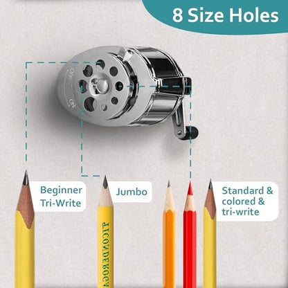 EXTRIC Pencil Sharpener Manual Desktop & Wall Mount Hand Crank Sharpeners | Works for Desktop and Wall Mount, Heavy Duty Metal Hand Crank Pencil Sharpener, 8 Size Holes for Classroom Use