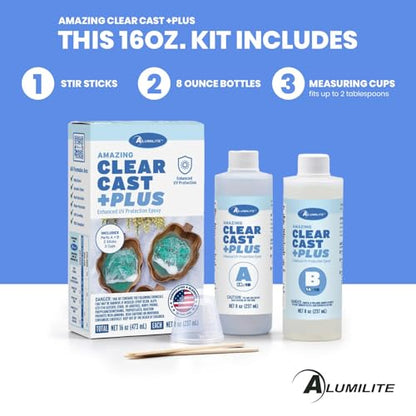 Alumilite Amazing Clear Cast Plus Epoxy Resin Kit for Making and Molding, UV, Plastic Coating, Casting for Countertops, Cups, Tumblers, High-Gloss, Glass Finish - 16 oz (8 oz Part A + 8 oz Part B) - size: 16 fl. oz.
