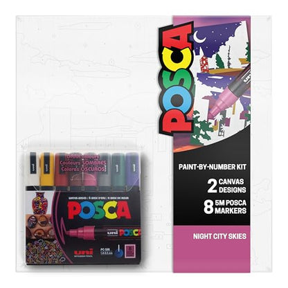 POSCA Canvas Paint by Number Kit, Night City Skies - 8 Acrylic Markers with 2 Pre-Drawn Canvases - Gift Set for Artists, Adults and Kids - color: Night City Skies