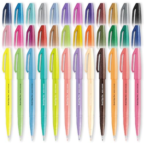 Pentel Brush Sign Pen Gift Set of 36 Pens - SES15C - Flexible Brush Nib - Ideal for Beginners & Professionals - Graphics, Illustrations, Calligraphy - In Wallet Gift Set Packaging