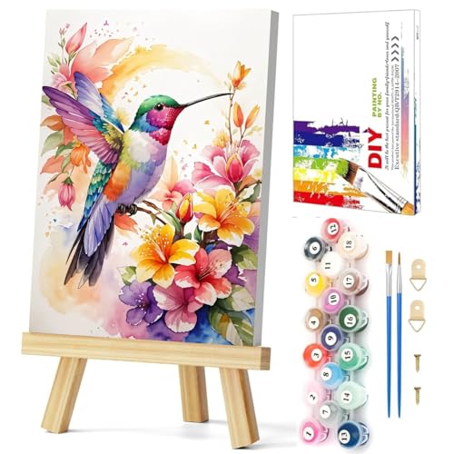 Gemozaic Framed Paint by Numbers Kit for Adults, Hummingbird Adults Paint by Number Kits on Canvas with Wooden Easel for Home, Office, Wall Decor, 8 x 12 Inch - color: BKH1926
