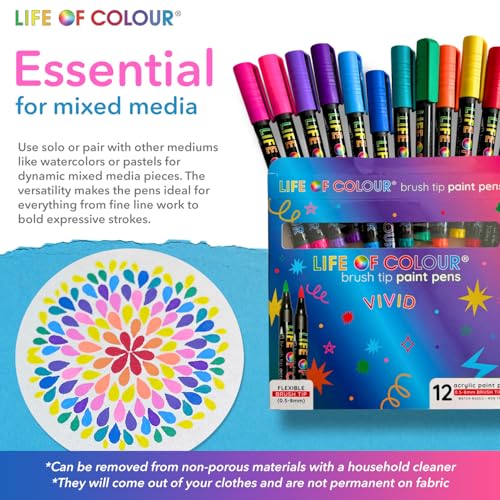 Life of Colour - Vivid Brush Tip Acrylic Paint Pens | Vibrant & Neon acrylic paint pens with flexible brush tips for wood, fabric, glass, ceramic, rocks & canvas. - style: Vivid Fine Tip Markers