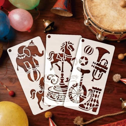 12 Sheets Adventure Circus Stencils for Painting, 12 Styles Plastic Joker Carousel Horse Drawing Template Circus Carnival Art Templates for Painting on Wall Wood Home Decor - style: Adventure Circus