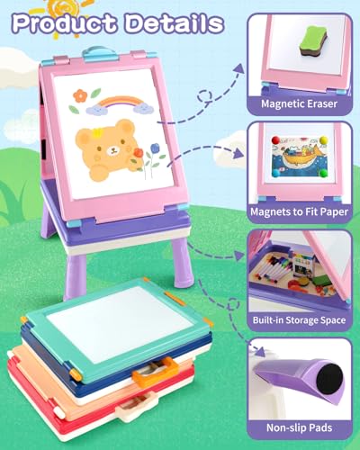 Elovien Easel for Kids, 4 in 1 Double Sided Toddler Art Easel with Chalkboard & Magnetic Whiteboard, Foldable Kid Tabletop Easel with Drawing & Writing Accessories - Educational Gift for Girl (Purple) - color: Purple