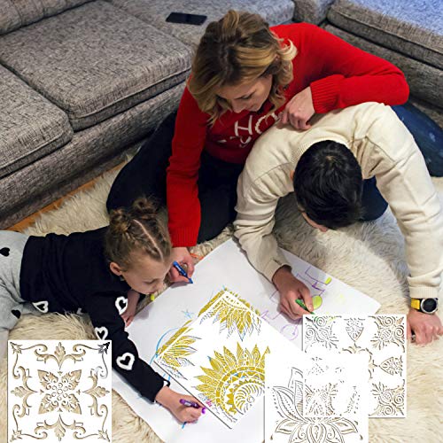 9 Pack (12x12 Inch) Large Reusable Stencil Mandala Stencil Laser Cut Painting Template for Floor Wall Tile Fabric Furniture Stencils Painting