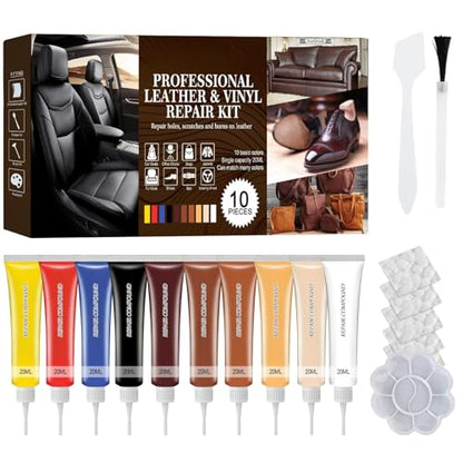 RQB Leather Repair Kit – 10-Color DIY Leather & Vinyl Repair for Furniture, Car Seats, Jackets, Bags & Shoes – Easy Color Match, Complete Tools Included