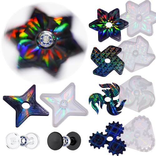NiArt DIY Epoxy Resin Fidget Spinner Molds Set – 5 Holographic Silicone Casting Molds with Rainbow Texture, 15 Bearings, 15 Pairs Plastic Caps & Organizer Box for Handmade Finger Toys & Craft Projects - size: 5 Molds + 15 Cap Bearings