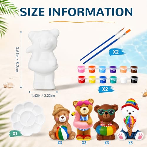 Soulchen 17 Pcs Paint Your Own Summer Beach Bear Ceramic Paint Craft Set Include 12 Unpainted Ceramic Bears 2 Strips of Paints with 2 Brushes 1 Palette Toys Gift for Birthday - style: Summer Bear