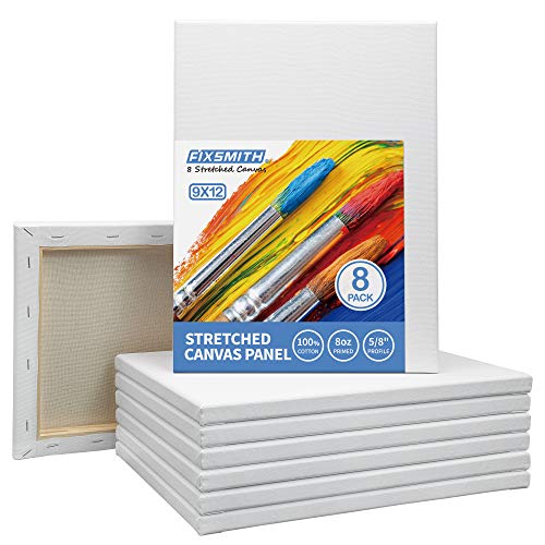 FIXSMITH Stretched White Blank Canvas - 9x12 Inch, Bulk Pack of 8, Primed,100% Cotton, 5/8 Inch Profile of Super Value Pack for Acrylics,Oils & Other Painting Media. - size: 9"x12"