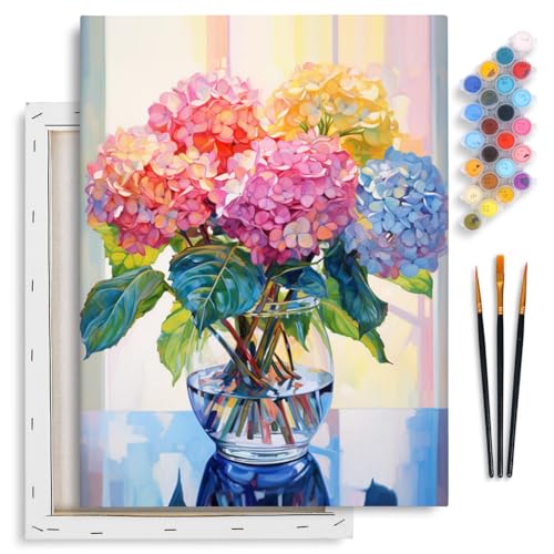 Framed Paint by Numbers Kit for Adults Beginner 12x16 Inch, Hydrangea in Glass Vase Window Paint by Number with Frame, Acrylic Colorful Flowers Painting by Numbers Kit on Canvas for Home Decor Gift - color: Hydrangea Vase, size: 12x16 Inch
