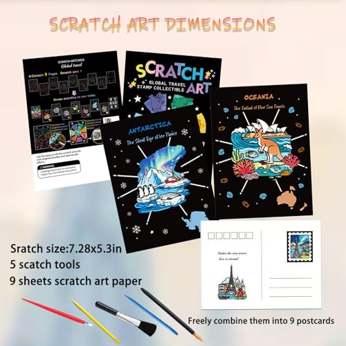 9-Piece Travel Scratch Art Collection, Black and Gold Artwork Sheets, 18.5 x 13.5 cm Scratch-Off Cards - style: Travel Stamp Collection