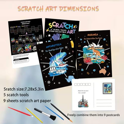 9-Piece Travel Scratch Art Collection, Black and Gold Artwork Sheets, 18.5 x 13.5 cm Scratch-Off Cards - style: Travel Stamp Collection