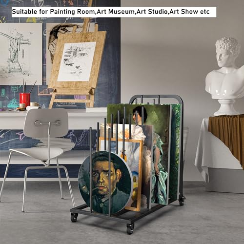 Mobile Art Canvas Storage Rack on Wheels, Adjustable Metal Framed Artwork Drying Holder, Large Vertical Picture Frame Display Stand for Painting Boards, Framed Picture, Shipping Box (Black) - color: Black