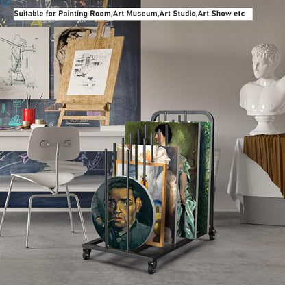 Mobile Art Canvas Storage Rack on Wheels, Adjustable Metal Framed Artwork Drying Holder, Large Vertical Picture Frame Display Stand for Painting Boards, Framed Picture, Shipping Box (Black) - color: Black