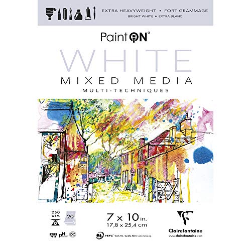 Clairefontaine - Ref 975481C - Paint'ON Mixed Media White Glued Pad (20 Sheets) - 17.8 x 25.4cm (7 x 10in), 250gsm Heavyweight Paper, Acid Free (USA Version) - color: White, size: 7-x-10-Inch
