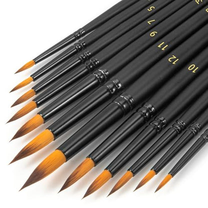 Watercolor Brushes Professional Set，12pcs Artist Watercolor Paint Brushes，Round Painting Brush for Watercolor, Acrylics, Ink, Gouache(Black)