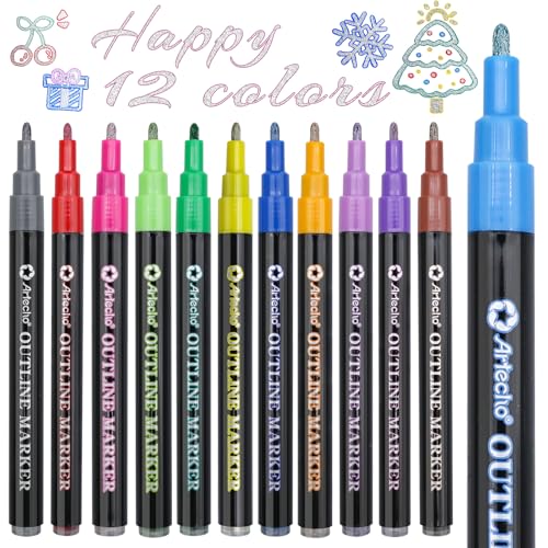 Artecho 12 Colors Self-Outline Metallic Markers, Professional Double Line Shimmer Pens for Adult Coloring, Calligraphy, Illustration & Artist-Grade DIY Crafts - style: 12 glitter colors