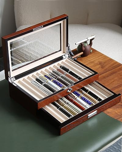 Pen Display Case with 24 Slots - Fountain Pen Storage Organizer with Glass Window (Brown Ash Veneer Finish, Creamy-White Velvet) - color: brown 24 slots, white velvet