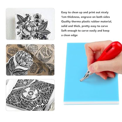 Rubber Carving Block for Printmaking, Soft Linoleum Rubber Block, 3 - Layer Blue White Blue Design, 20x15x1cm Easy - Carve Stamp Making Material for Beginners and Artists