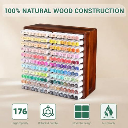 walowalo Acacia Wood Marker Organizer with 22 Compartments Holds 176 Markers, Alcohol Marker Storage Desk Organizer Pen Holder for Office Home Classroom Artists Kids Birthday Gift - size: Holds up to 176pcs Markers-Wood