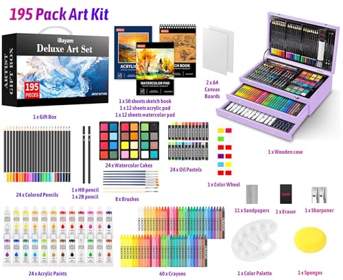 iBayam Teen Girl Gifts Trendy Stuff, 195-Pack Art Kit Drawing Coloring Set for Adults Kids, Aesthetic Preppy Stuff School Supplies Cute Japanese Stationary Sketching Supplies - color: Purple