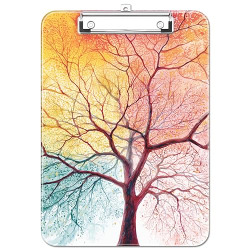 Plastic Cute Clipboard Low-Profile Metal Clip, A4 Letter Size 9 x 12.5 in, 8.5 x 11 Paper Clip Board for Teachers, Nurses, Classroom,Sunset Tree - color: Sunset Tree