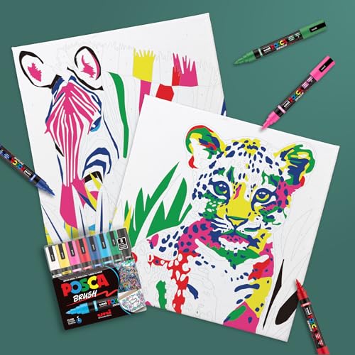 POSCA Canvas Paint by Number Kit, Rainbow Safari - 8 Acrylic Markers with 2 Pre-Drawn Canvases - Gift Set for Artists, Adults and Kids - color: Rainbow Safari