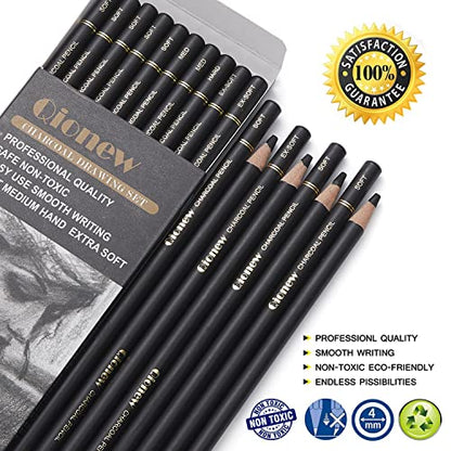 Qionew Professional Soft Medium and Hard Charcoal Pencils Drawing Set 10Pcs | Super Soft, Soft, Medium & Hard Charcoal Pencils for Drawing, Sketching, Shading, Beginners & Artists