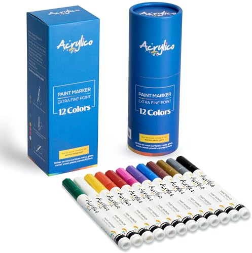 Acrylic Paint Markers Set – 12 Acrylic Paint Pens for Fabric, Metal, Rock Painting & Ceramic – Art Supplies for Adults & Kids - size: Fine Tip (Pack of 12)