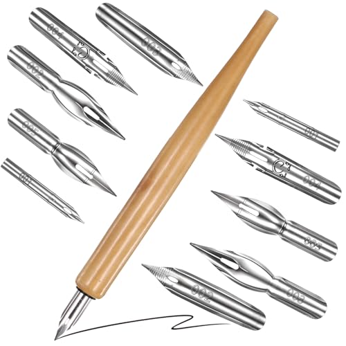 Piriuuo 11 Pcs Dip Pen Set - Comic Pen Nib Set - Oblique Calligraphy - Stainless Steel Nibs with Wooden Holder - Replacement Nibs for Writing Painting Signing