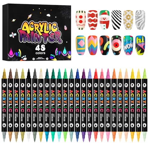 Kalolary 48 Color Nail Art Markers Set, 3D Nail Art Pens Point Nail Graffiti Dotting Pen Quick-Drying Waterproof Double Headed Acrylic Paint Pens Set for DIY Nails Art Design - color: 48 Color - C