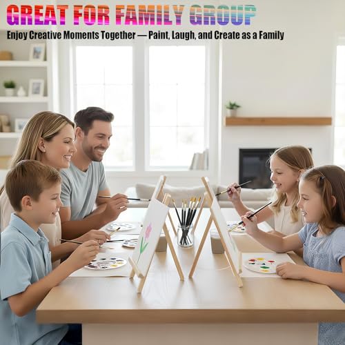 4 Pack Painting Set for Couples or Family Groups, 124 PCS Paint Set with 4 Table Easels,48 Acrylic Paints,12 Pre-Drawn & Blank Canvases for Painting,48 Brushes,4 Pencils,4 Palettes and Painting Guides