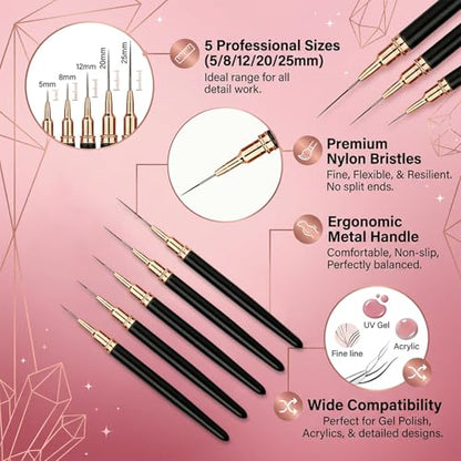 5PCS Metallic Nail Art Liner Brushes Set, Fine Painting Nail Brushes for UV Gel Polish, Detail Drawing & Long Line Design, Nail Art Tools Sizes 5/8/12/20/25mm