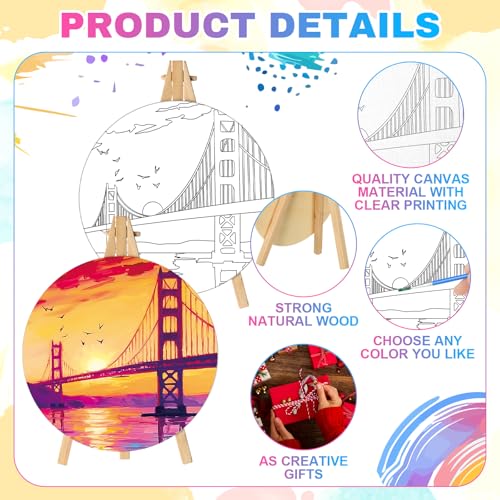 Supervitae 72 Piece Landscape Round Pre Drawn Canvas Kit 5.9" Paint and Sip Kit for Adults Painting Party Pre Printed Canvas DIY with Pictures Paints Easels Brushes for Party Gifts - size: 5.9", style: Landscape