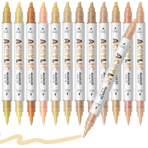 Warm Skin Tone Acrylic Paint Pens, Water Based 12 Colors Dual Tip Acrylic Paint Markers for Rock Painting Wood, Glass, Ceramic, Canvas, Fabric, Stone, DIY Crafts Making Art Supplies - color: Warm Skin Series