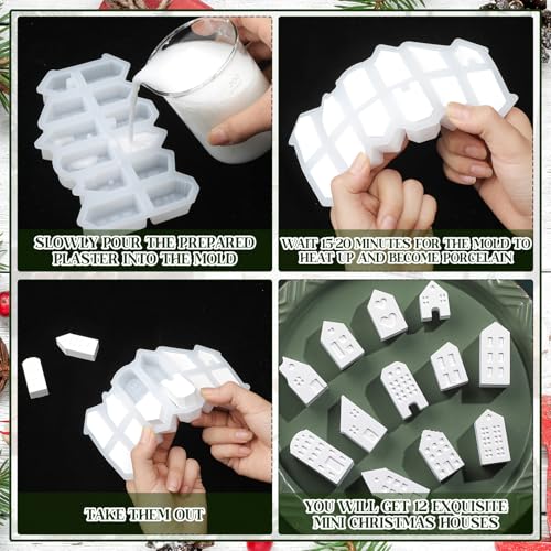 Reallnaive Mini Christmas Village House Silicone Mold Set 12 DIY Small Non Stick House Casting Crafts Soap Making Mold for Xmas Home Table Decoration Indoor(Classic)
