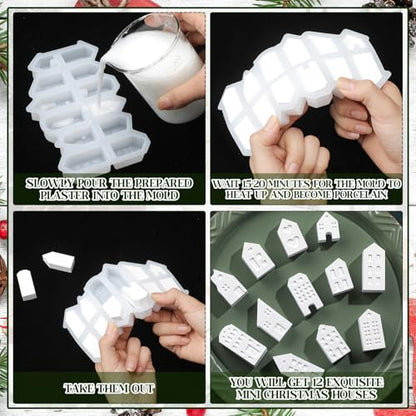 Reallnaive Mini Christmas Village House Silicone Mold Set 12 DIY Small Non Stick House Casting Crafts Soap Making Mold for Xmas Home Table Decoration Indoor(Classic)