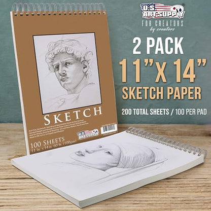 U.S. Art Supply 11"x14" Top Spiral Bound Sketch Book, 2 Pack, 100 Sheets Each, 60lb (100gsm), Acid-Free, Artist Sketchbook, Drawing Pad for Adults & Students - size: 11-x-14-inch