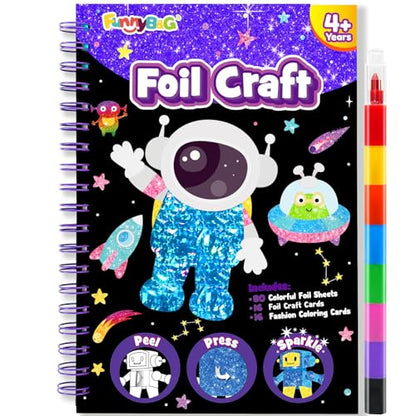 FUNNYB&G Foil Art Craft Kit for Boys 4-10 Years Old: Mess-Free & No-Glue, Create 16 Sparkly Space Pictures – Perfect Travel Toy & Birthday Gift for Kids (Space) - style: Space