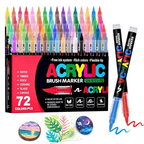 72 Colors Acrylic Paint Markers, Soft Brush Tip Pens, Water-Based No-Bleed Premium Acrylic Paint Pens for DIY Art & Crafts - Fabric, Wood, Metal, Rock, Glass (Includes Replacement Nibs) - color: 72 Colors