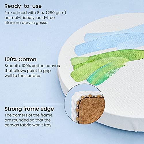 ARTEZA Round Stretched Canvas, 6 Inch Diameter, Pack of 12, Blank White Canvas Boards for Acrylic, Oil and Gouache Painting - size: 6 inch