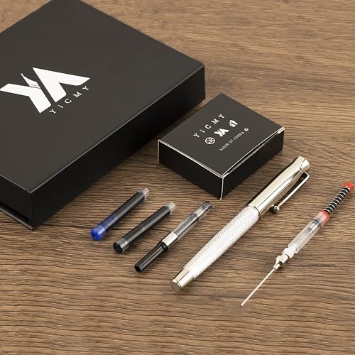 Fancy Fountain Pen Set – Fine & Medium Nibs, Includes 18 Ink Cartridges, Ink Converter, Syringe Filler, Luxury Gift for Writing, Journaling & Calligraphy，Silvery - color: silvery