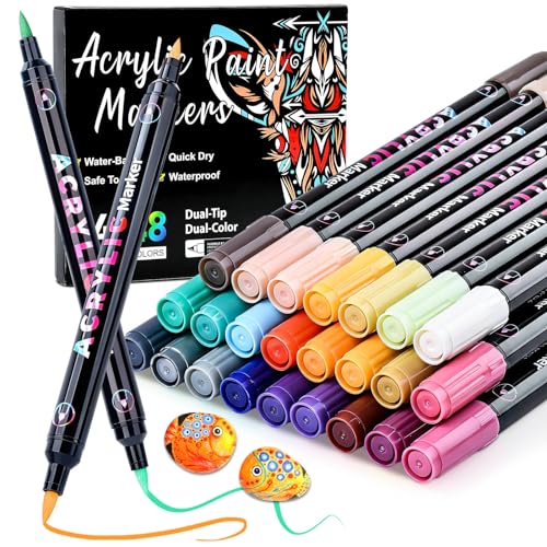 48 Colors Acrylic Paint Markers Set, 24 Pack Dual Brush Tip Acrylic Paint Pens for Stone, Wood, Calligraphy, Canvas, Ceramic, Glass, Rock Painting, Christmas Gifts for Teens, Art Painting Supplies Kit - color: 48 Colors 24 Pack_Brush Tip