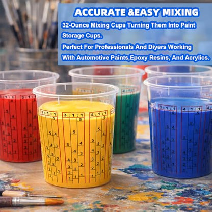 Yesland 30 Pack Paint Mix Cups with Lids, 32 Ounce Plastic Paint and Epoxy Mixing Cups with Calibrated Mixing Ratios on Side of Cup, for Paint, Activators, and Thinner