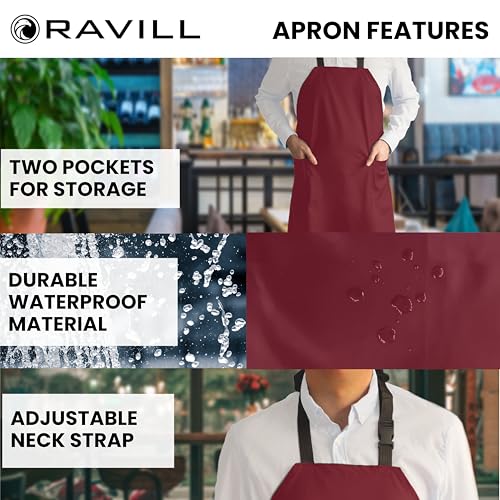 Ravill Waterproof Apron For Men and Women - 2 Pockets - 35" Long Multi Purpose Work Aprons for Dishwashing, Dog Grooming - color: Red